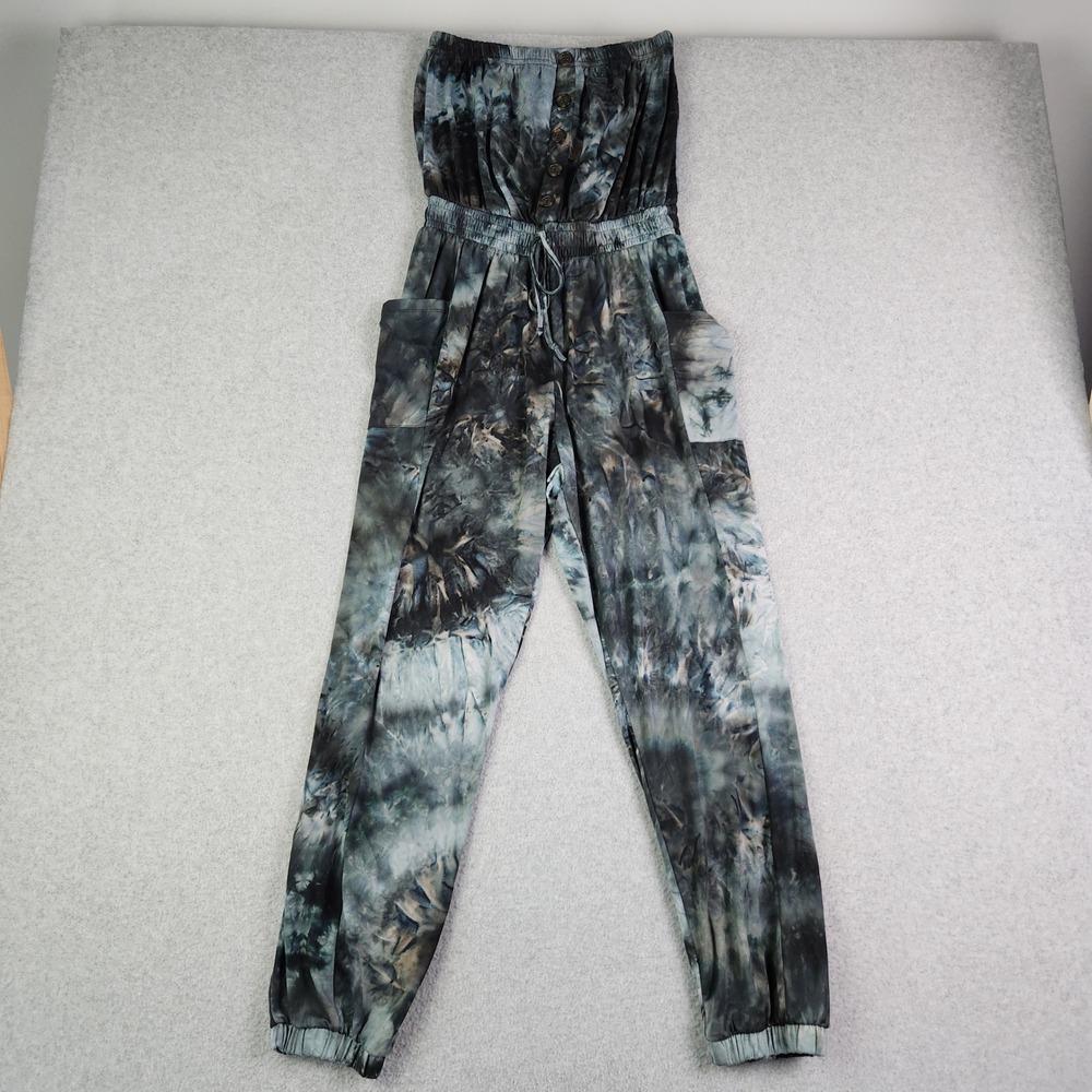 J for Justify Strapless Jumpsuit Womens Medium Blue Tie Dye Drawstring Waist